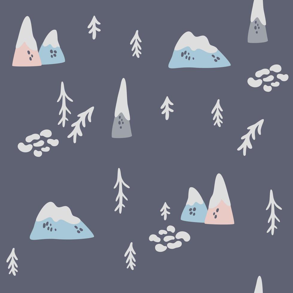Mountains and trees seamless pattern. Winter landscape. Perfect for wrapping paper, pattern fills, winter greetings, web page background, Christmas and New Year. Hand Draw Vector illustration.