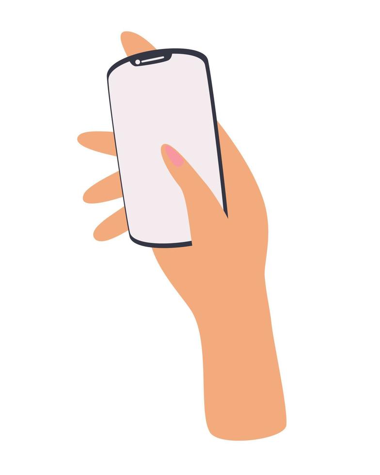Hand holding phone. Empty screen, phone mockup. Editable smartphone template vector illustration on isolated background.