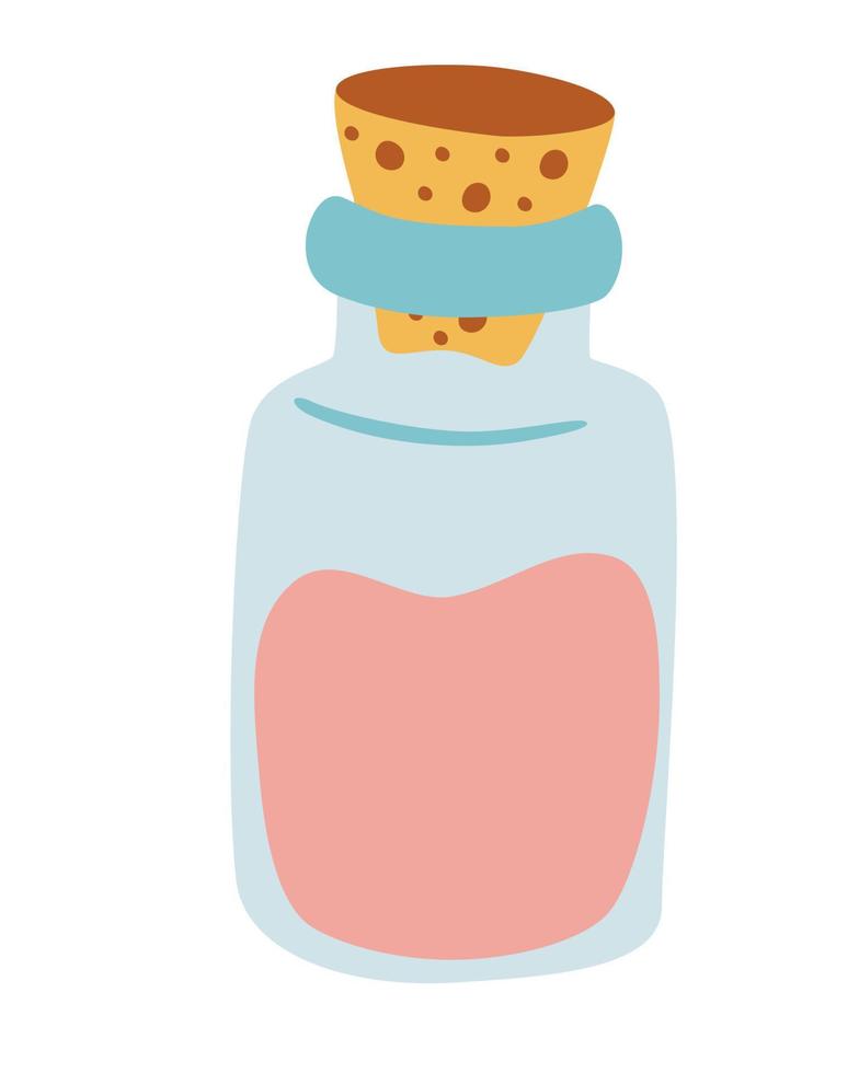 Glass bottle with wooden stopper. Vessel with liquid, perfumes, aromatherapy oils. Cartoon vector illustration on isolated background.