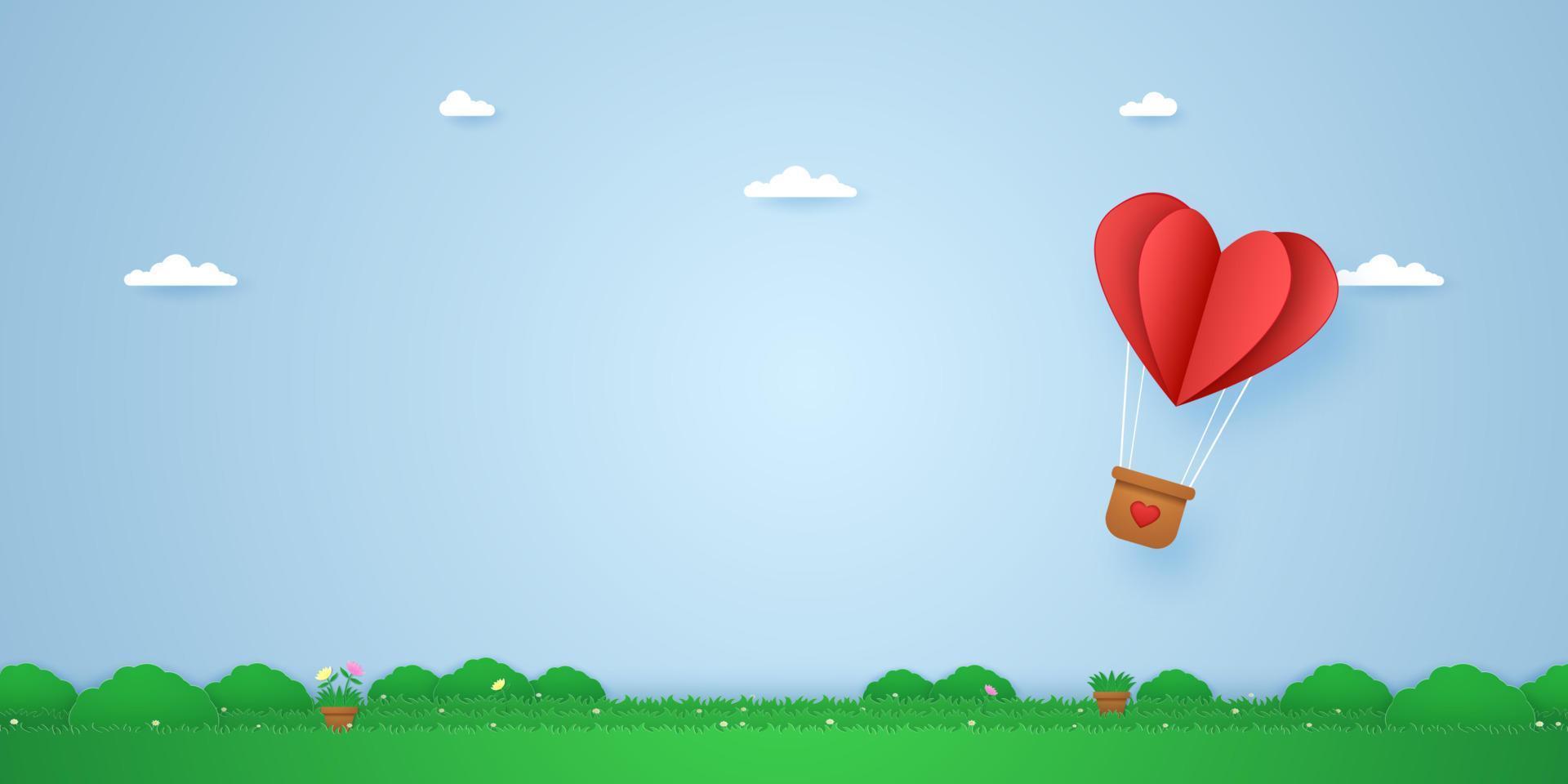 red folded heart hot air balloon flying over grass, paper art style vector