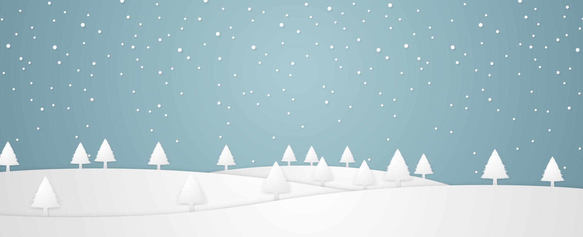 tiempo de navidad, paisaje invernal con árboles en la colina y nevadas en estilo de arte de papel vector