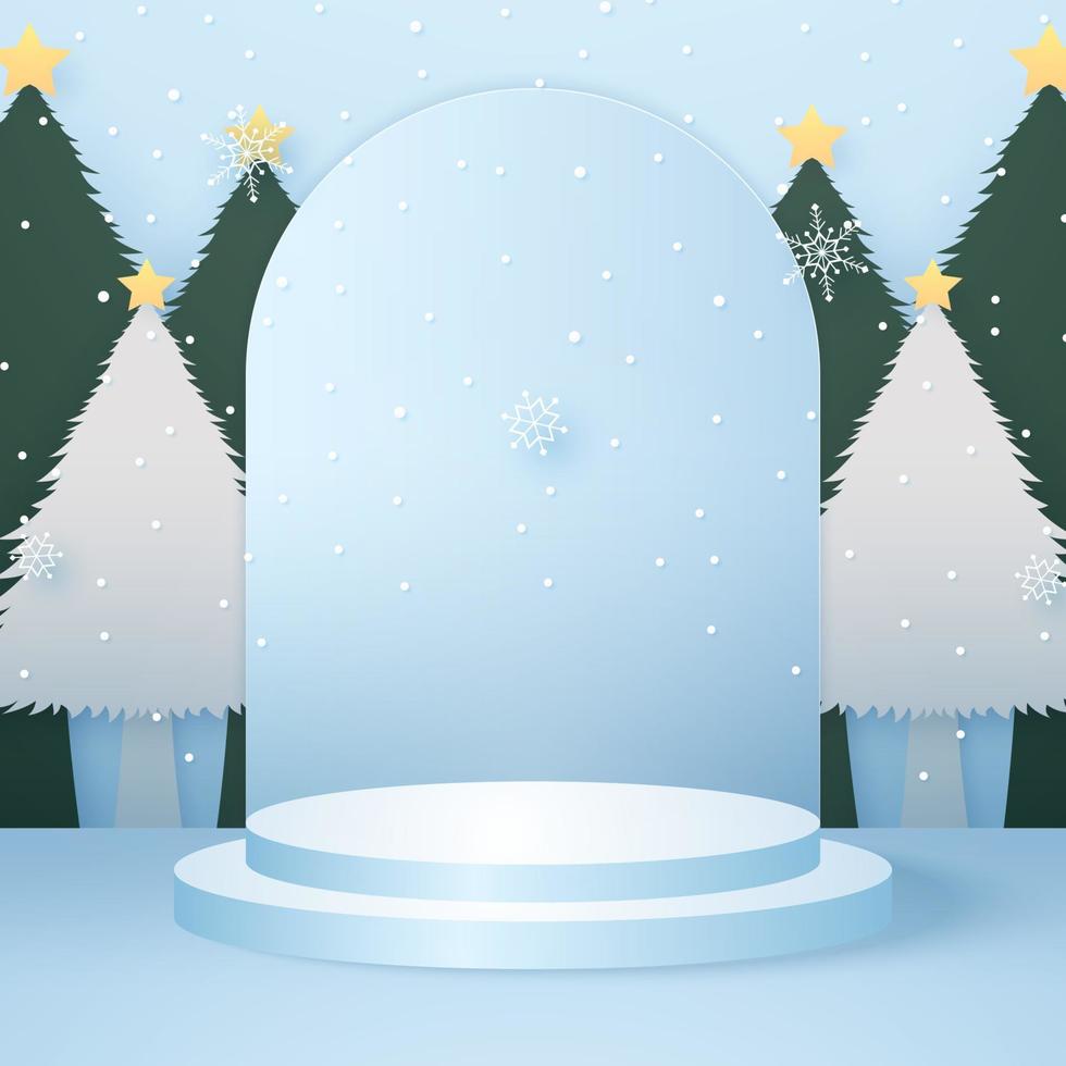 cyan round podium for product background with trees, snowflakes and snow falling, template mock up for Christmas event vector