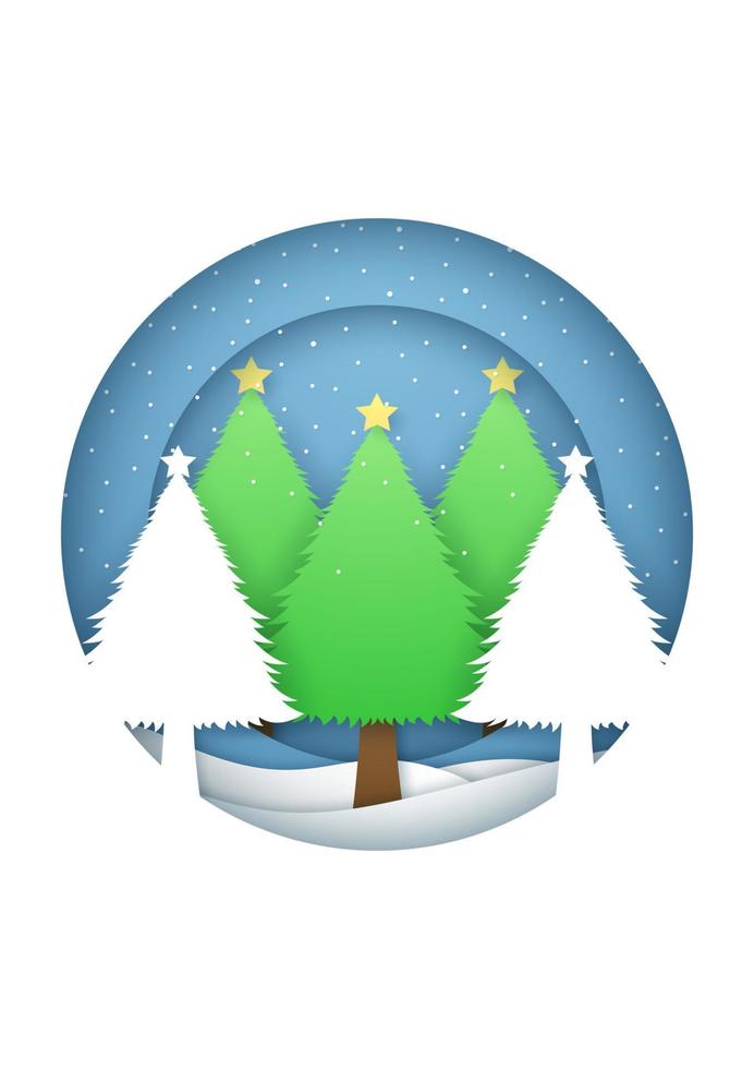 Tarjeta de feliz navidad con paisaje invernal y nevadas en árboles de navidad en marco circular vector