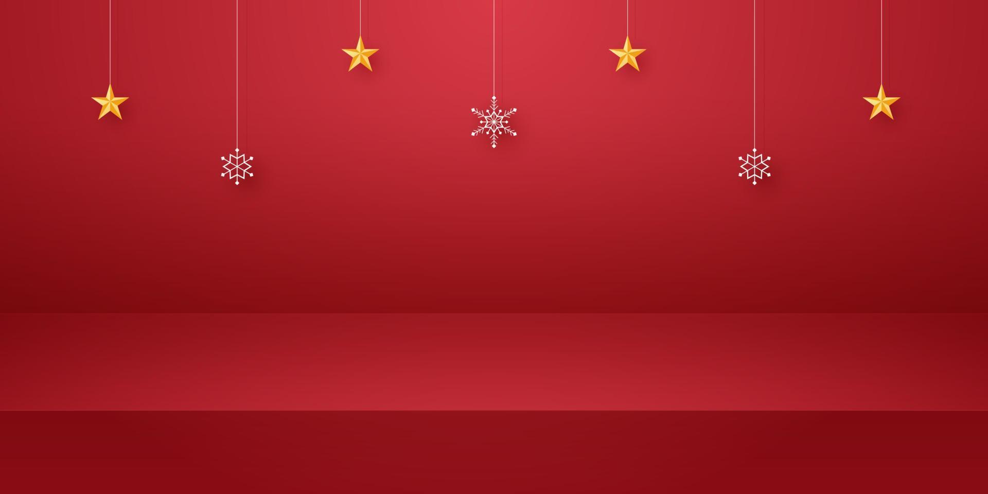 Red empty studio room for product background with snowflake and star hanging, template mockup for Christmas day vector