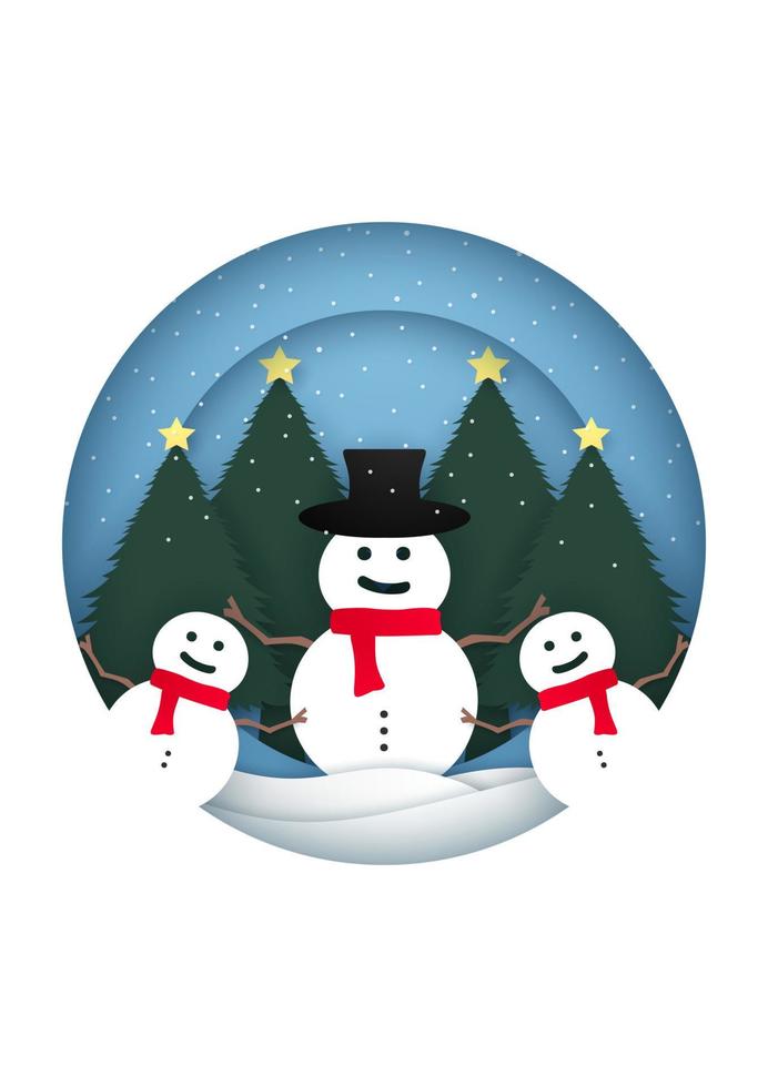 Merry Christmas Card with snowfall on Christmas trees and snowman in circular frame vector