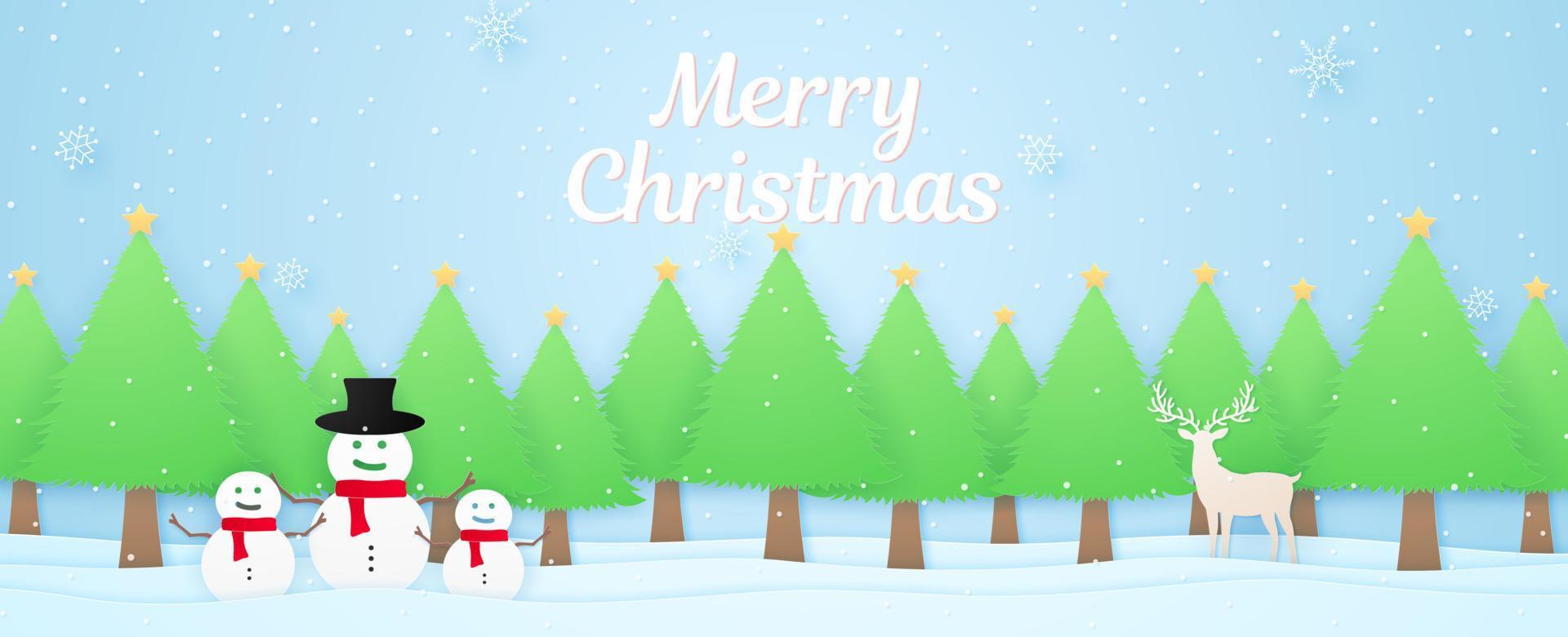 paisaje invernal con nieve en los árboles de navidad y muñeco de nieve para el concepto de feliz navidad en estilo de arte de papel vector