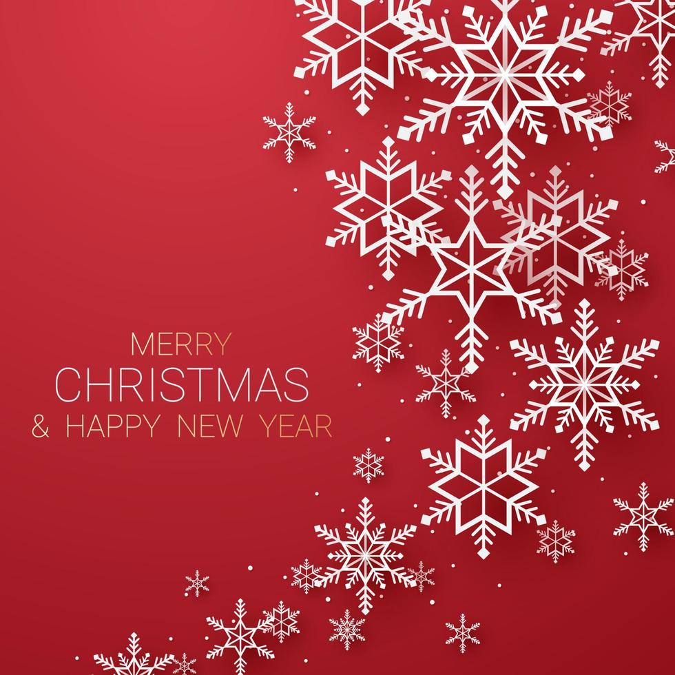 Merry Christmas, snowflakes and snowfall background with lettering in paper art style vector
