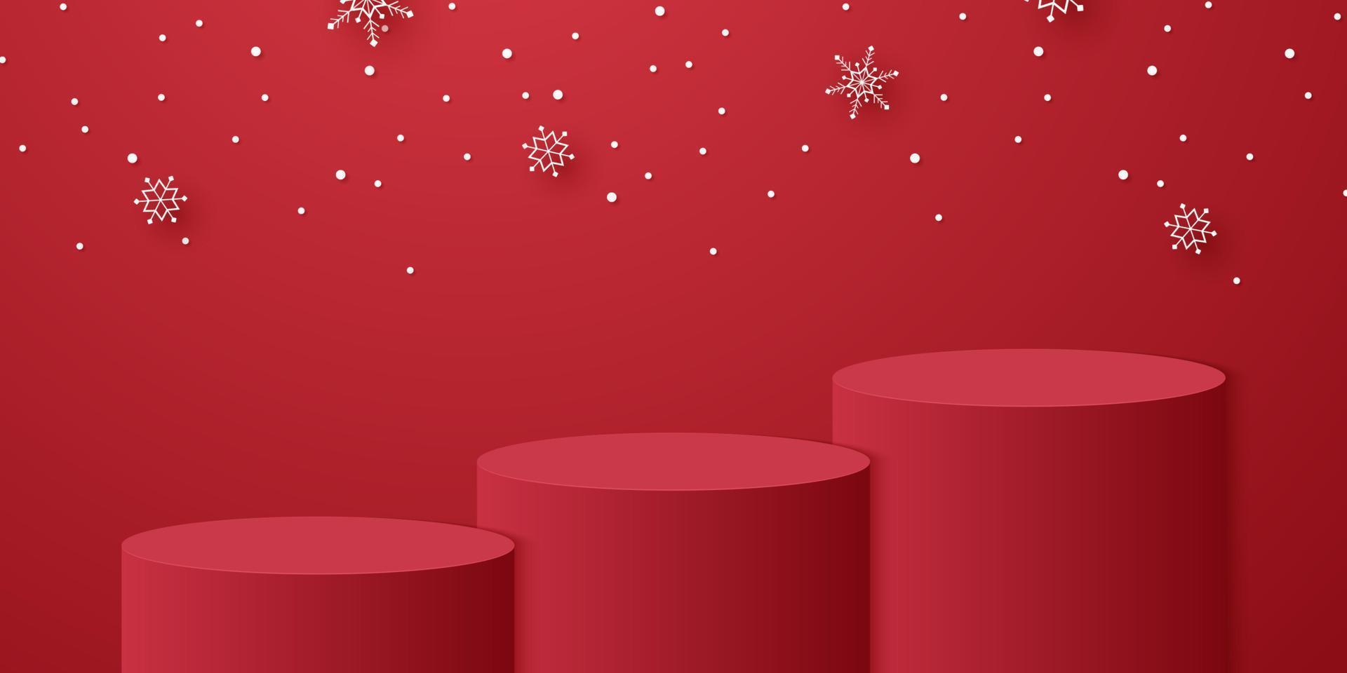 Red cylinder podium with snowflakes falling and template mockup for Christmas event vector