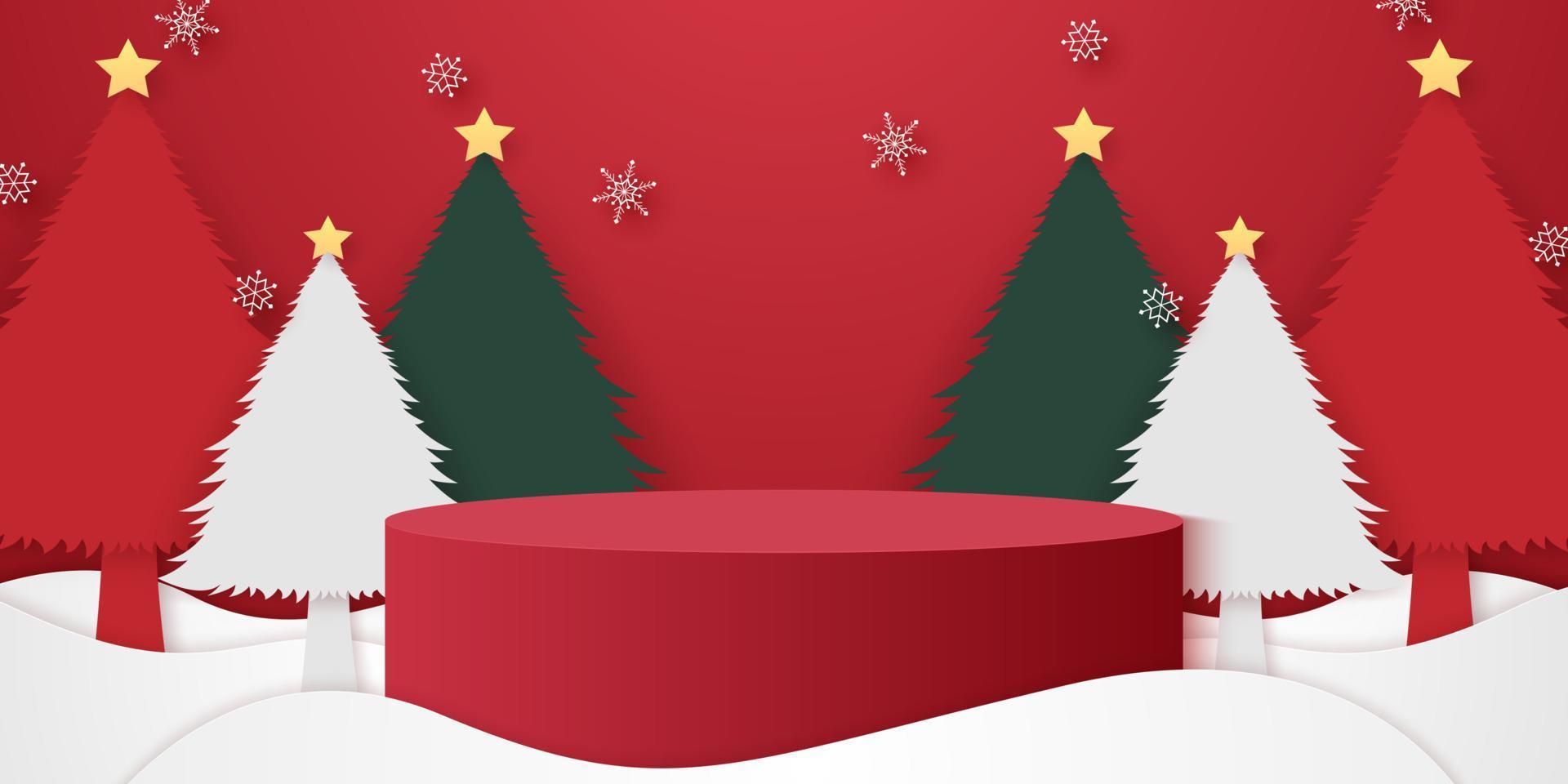 Red cylinder podium on snow with Christmas trees and snowflakes falling, template mockup for event in paper art vector