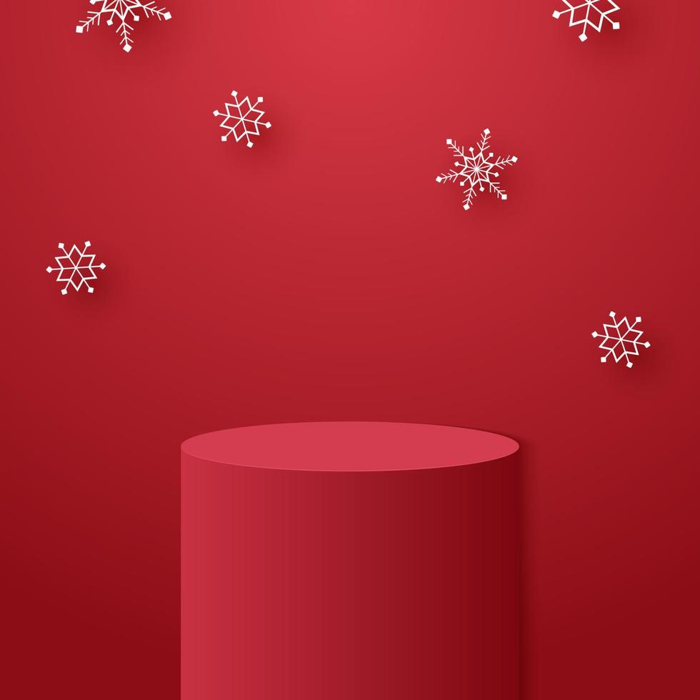 Red cylinder podium with snowflakes falling and template mock up for Christmas event vector