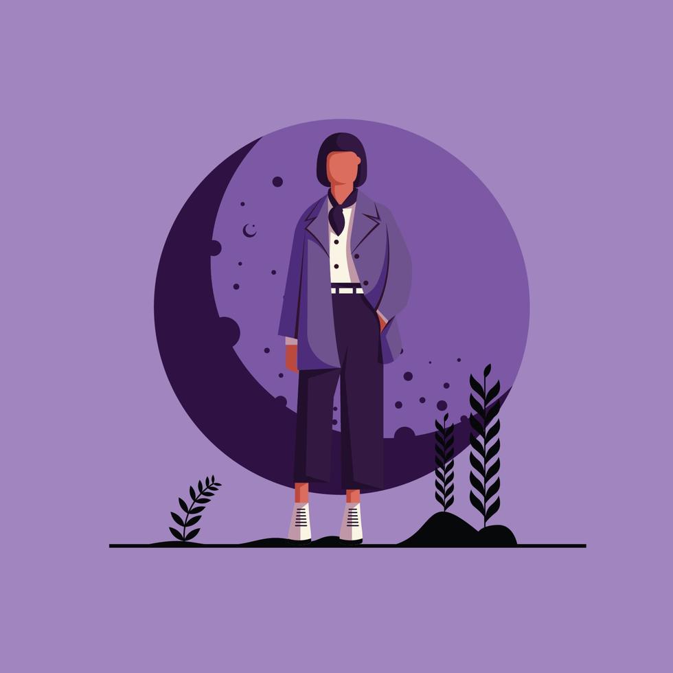 una mujer posando con estilo de moda en la luna ilustración plana de fondo aislado vector