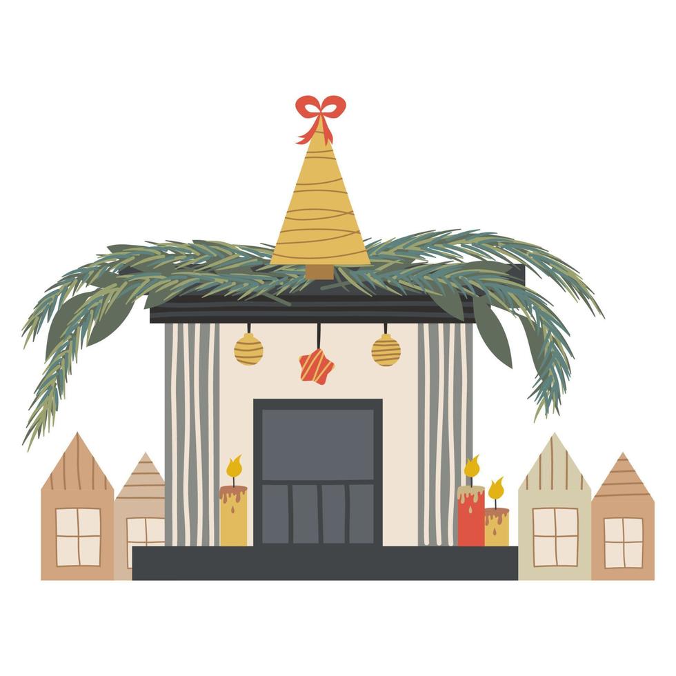 Chimenea navideña escandinava con velas aisladas y abetos. hogar acogedor festivo con casas y ramas de abeto.Ilustración de vector en un estilo plano. acogedora temporada de vacaciones de invierno.