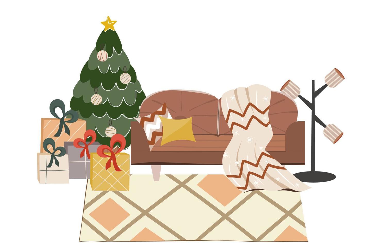 interior de Navidad escandinavo aislado con sofá, abeto sofá acogedor con almohadas y una manta para las noches de invierno. alfombra y regalos debajo del árbol. ilustración vectorial. vector