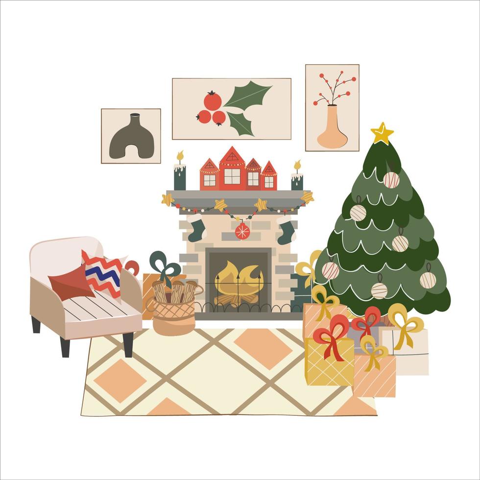 interior de Navidad escandinavo aislado con chimenea, árbol de Navidad. Cómodo sillón con cojines y pila de leña para las noches de invierno. alfombra, cuadros y regalos debajo del árbol. ilustración vectorial. vector