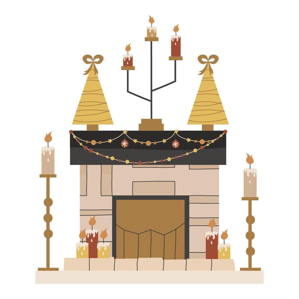 Scandinavian Christmas fireplace with candles and fir trees isolated. Festive cozy hearth with garlands and candlesticks. Vector illustration in a flat style. Cozy Winter holiday season.