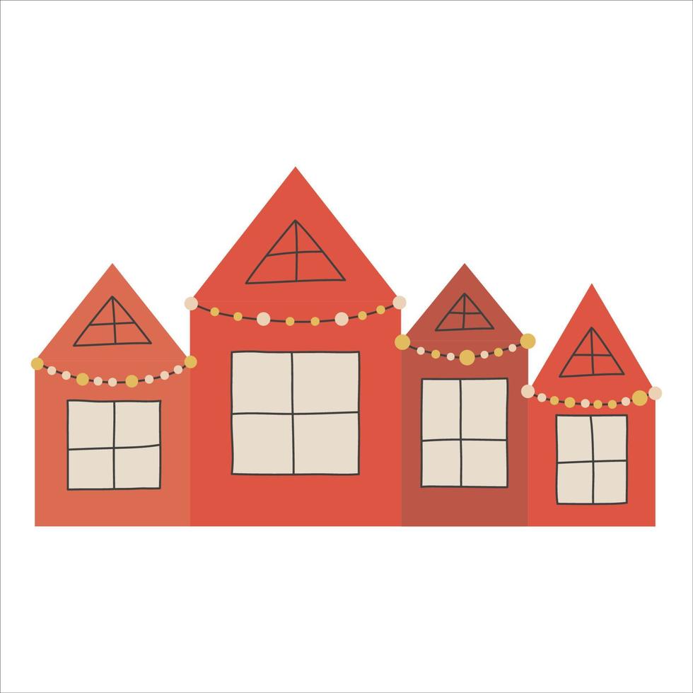 Christmas decoration red houses with garlands isolated on white background. Vector illustration in flat handdrawn style. Christmas building decoration with windows.