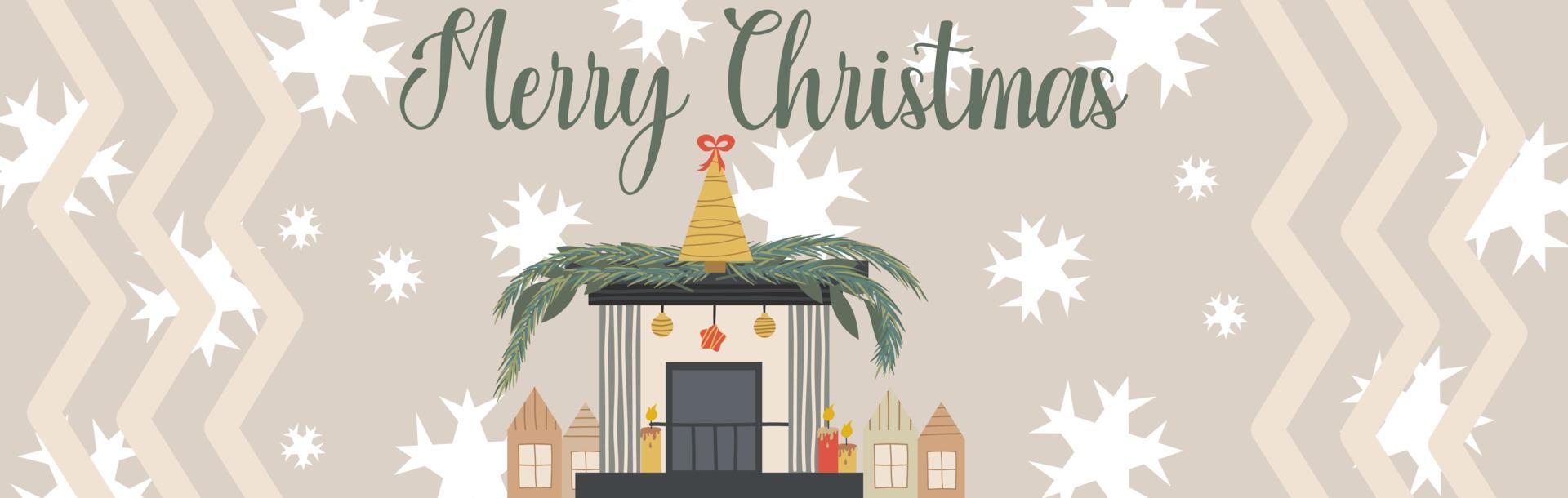 Scandinavian Christmas background and inscription Merry Christmas with tree and fireplace with house. Banner or postcard for congratulations on the winter holiday. Vector illustration in flat style