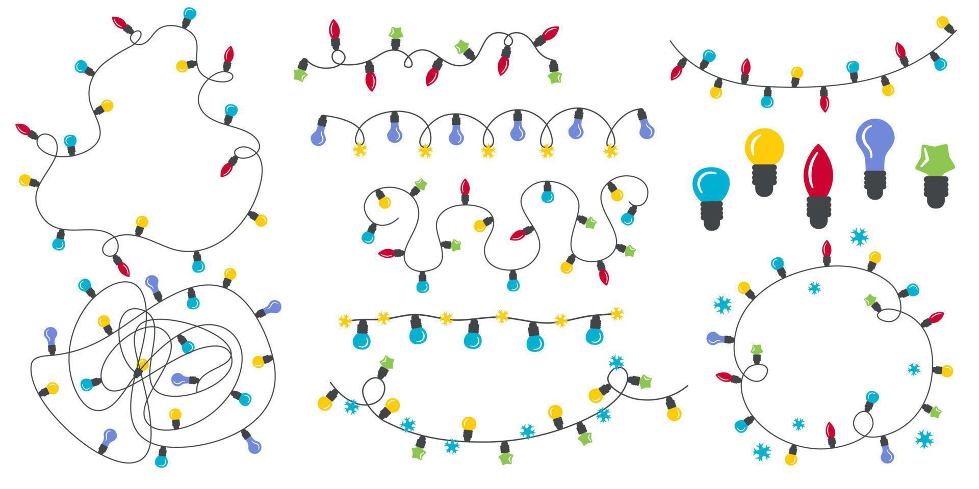 Conjunto de bombillas de luz de Navidad y guirnaldas aisladas sobre fondo blanco. La luz de Navidad es colorida y brillante para la decoración festiva. ilustración vectorial en un estilo plano. apto para cortar. vector