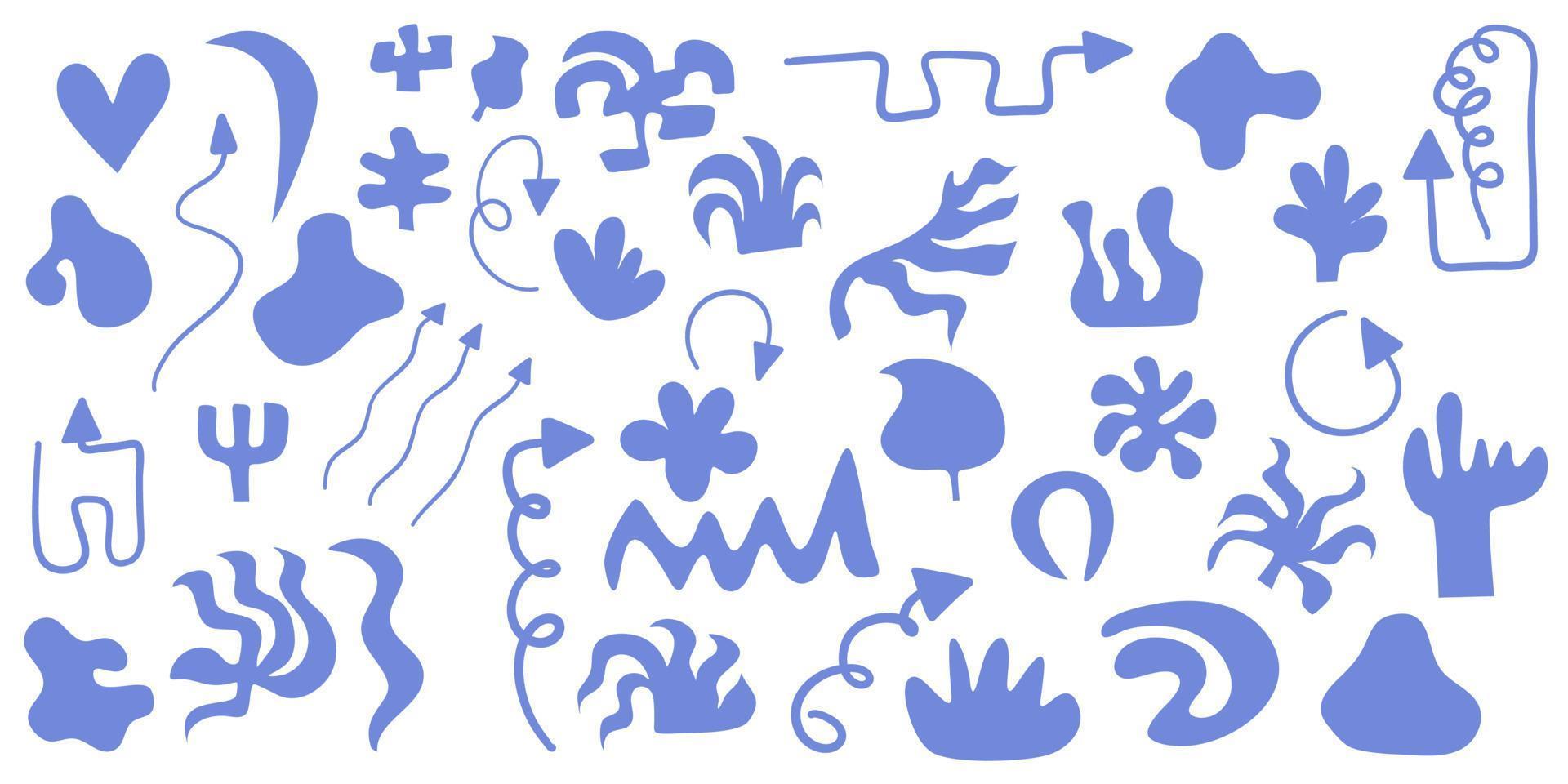 Set of abstract hand drawn objects and elements on a white background.Various arrows and tropical, abstract shapes for decoration. Vector illustration in a flat style