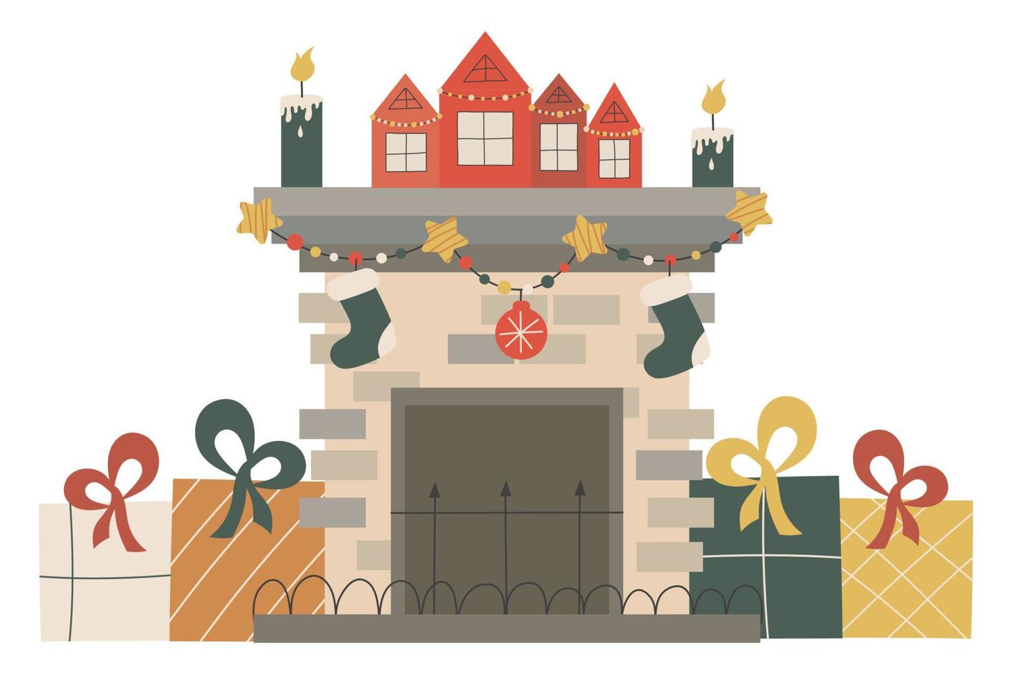 Scandinavian Christmas fireplace with isolated candles and garlands Festive cozy hearth with houses and gifts.Vector illustration in a flat style. Cozy winter holiday season. vector