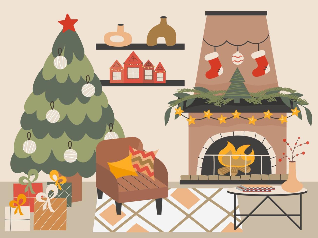acogedor salón navideño con árbol de navidad, chimenea y sillón estilo escandinavo. decoraciones de año nuevo, guirnaldas, calcetines y obsequios en la habitación. ilustración vectorial en un estilo plano vector