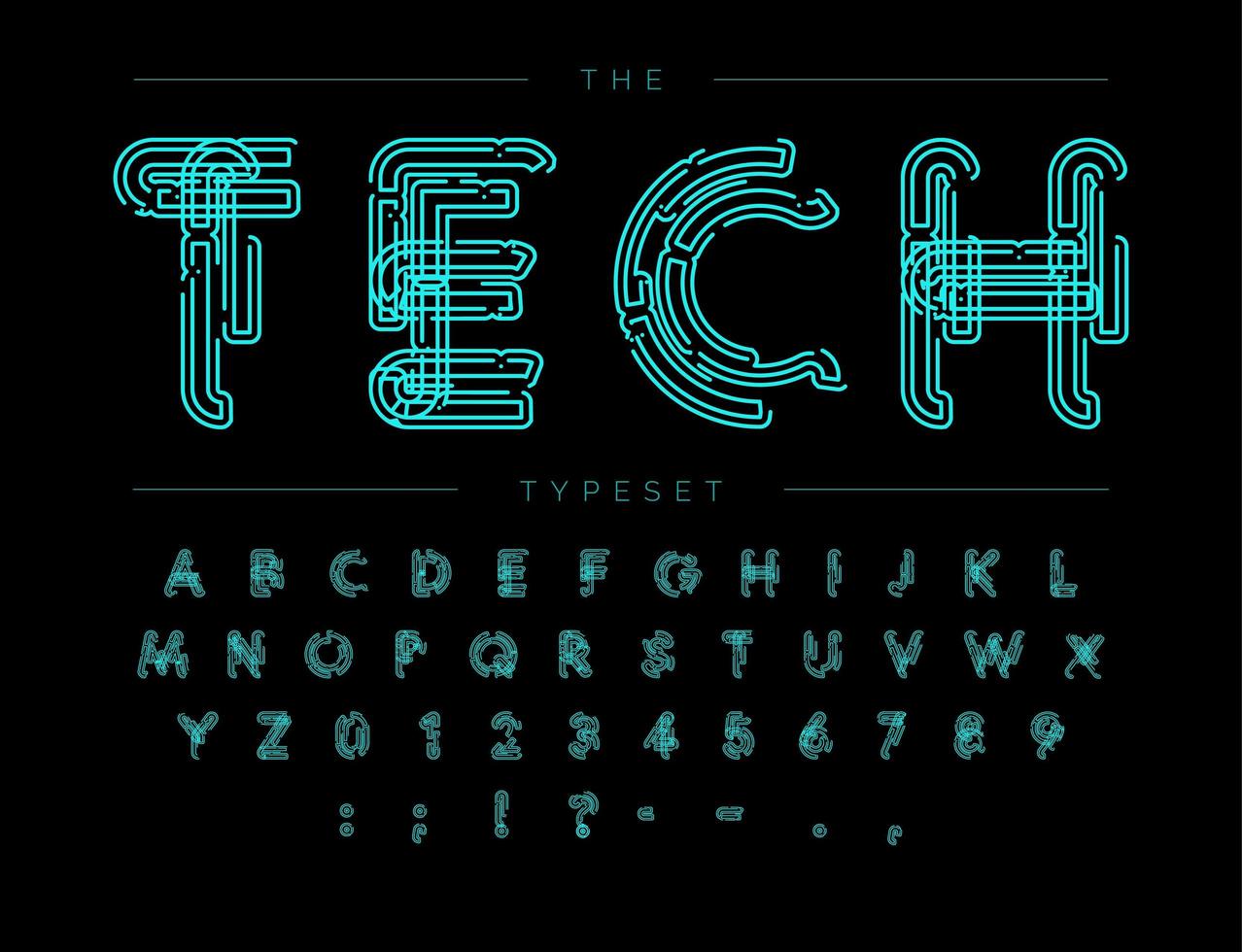 Cyber Tech Font. Contour scheme style vector alphabet. Letters and numbers for digital product, security system logo, banner, monogram and poster. Typeset design.