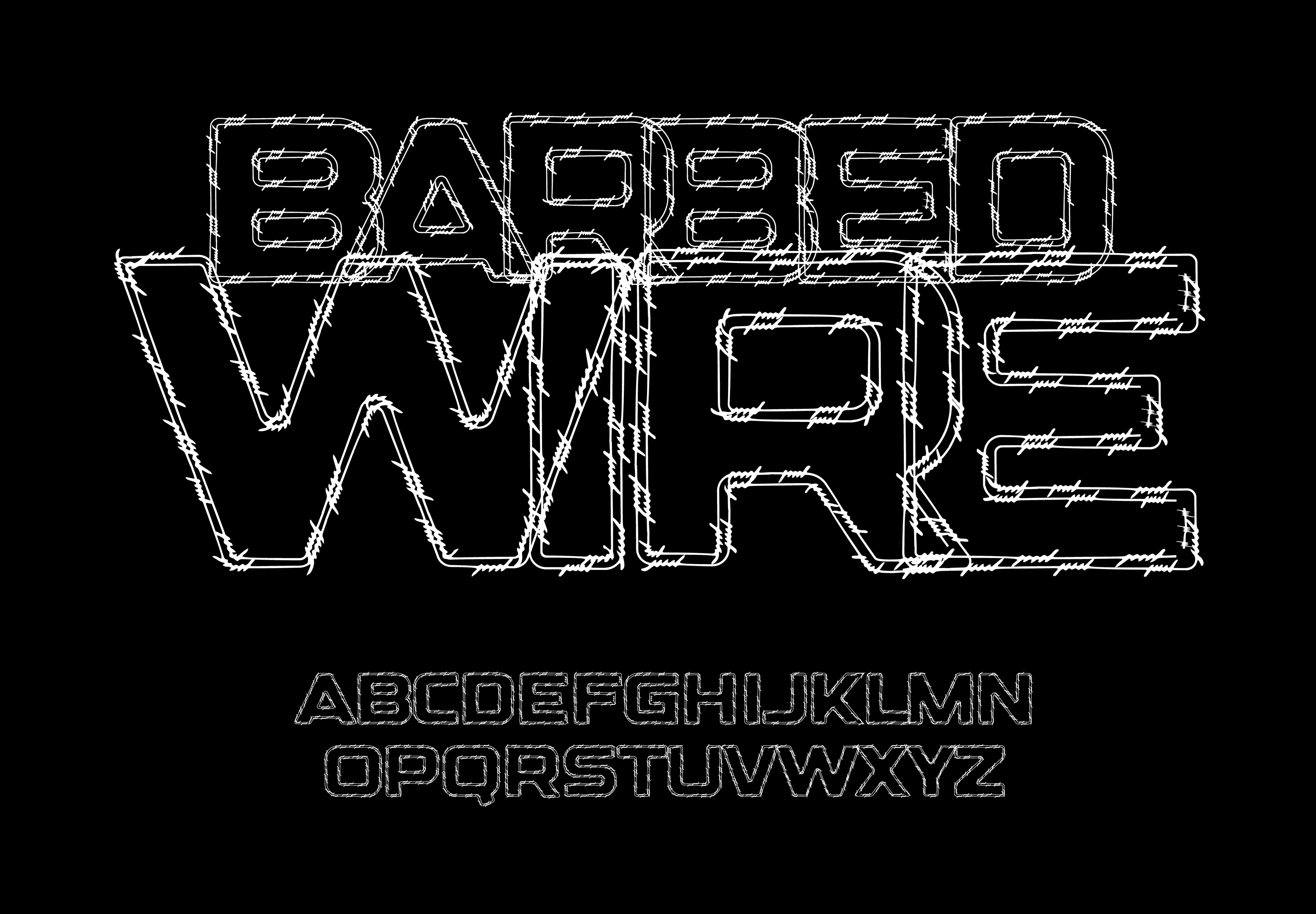 Barbed wire letters and numbers set. Thin contour lines, style vector