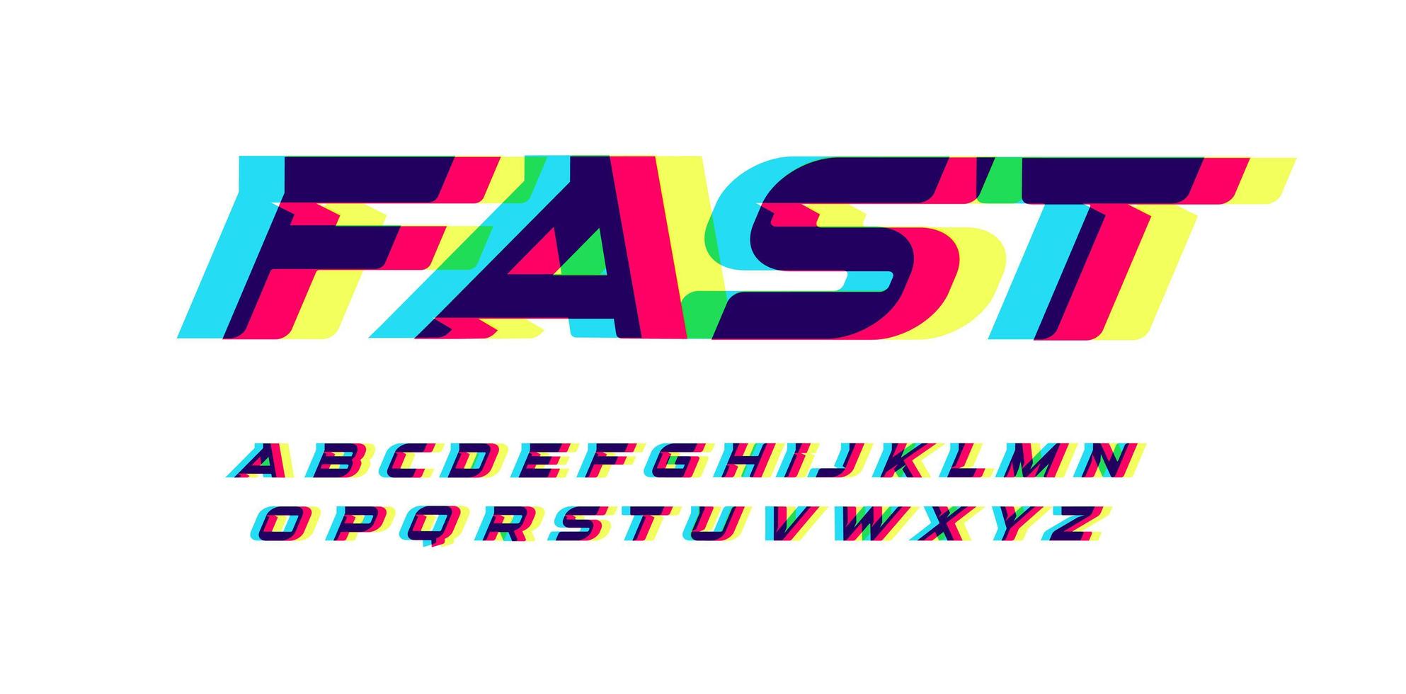 Overprint letters and numbers set. Glowing red blue yellow spectrum effect style vector latin alphabet. Font for cyber sport, racing, automotive, logo and poster design. Typography design.
