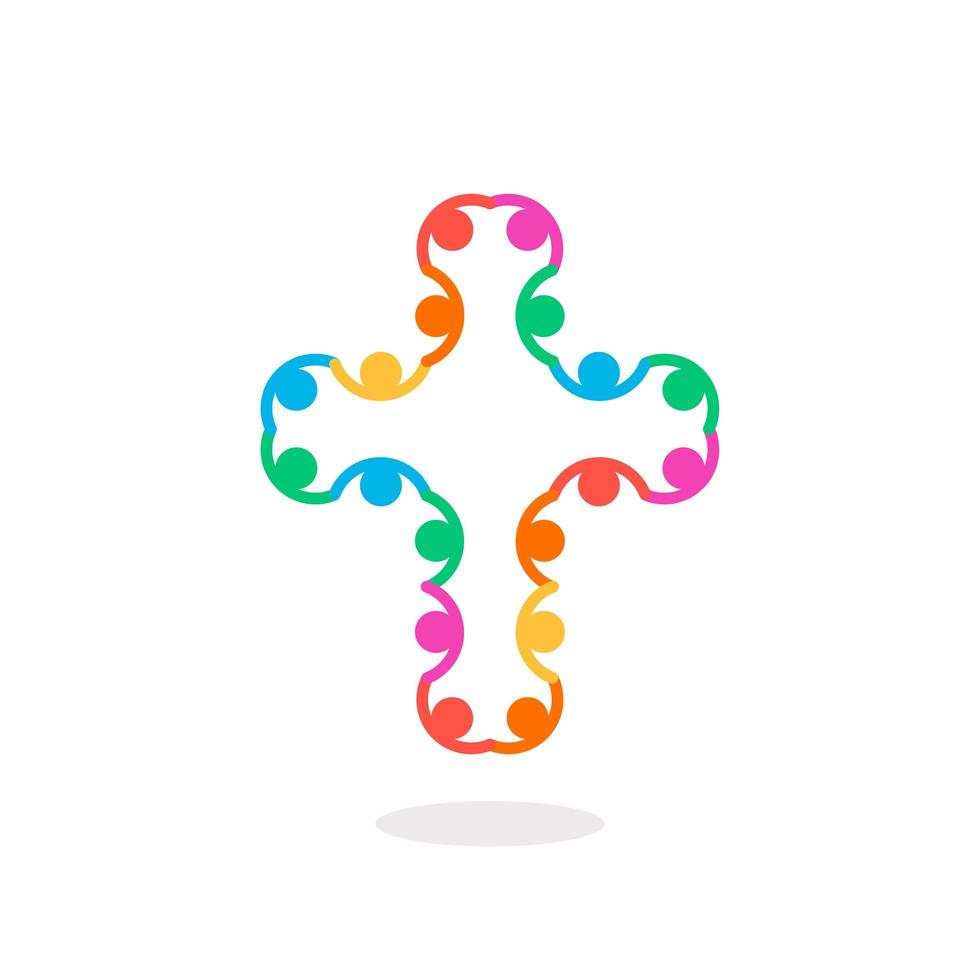 Christian symbol, colorful connection people cross icon. Church logo template. Isolated vector illustration.