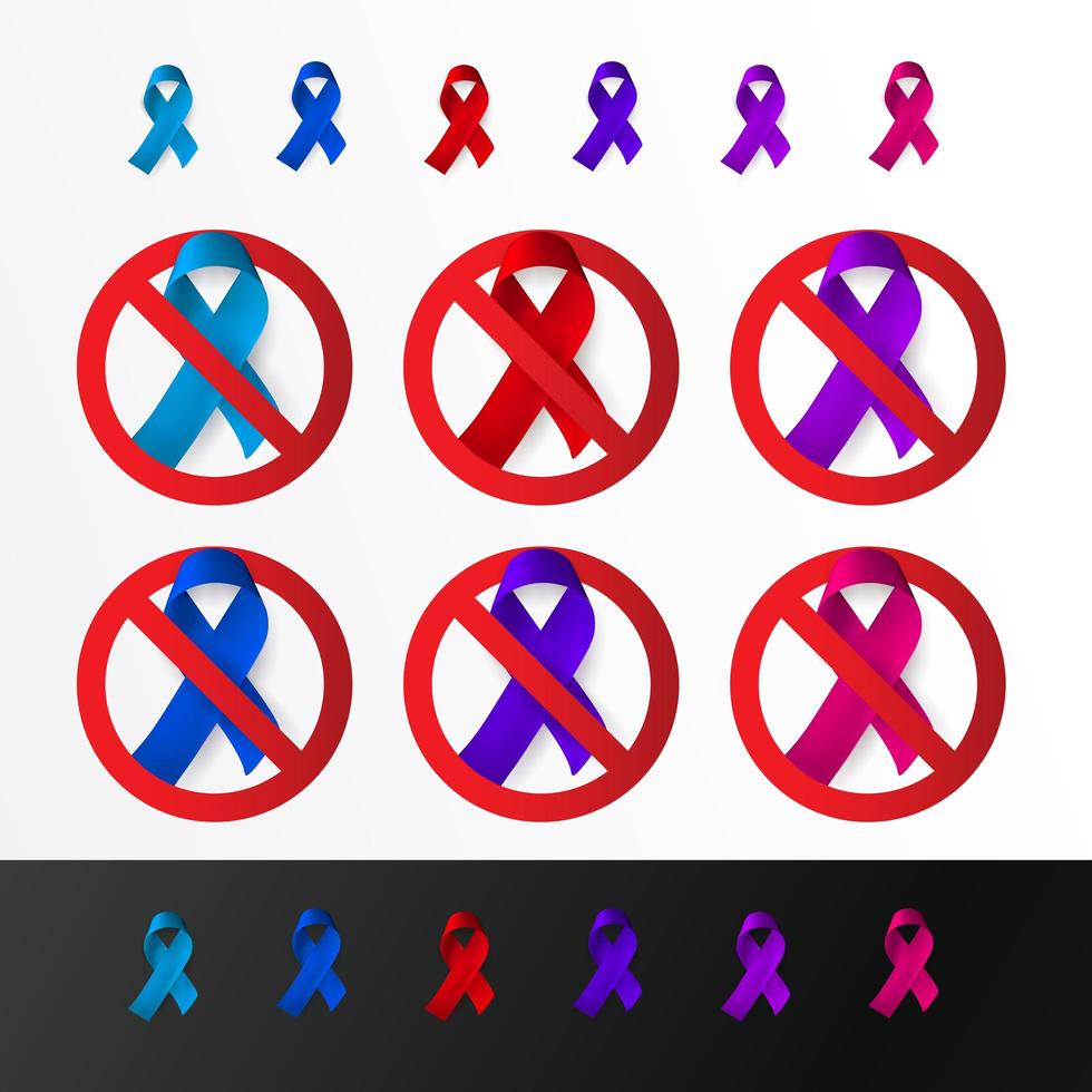 Awareness color ribbons icon set. Stop aids, cancer, hiv, abuse symbol collection. Charity and medical aid campaign vector logo