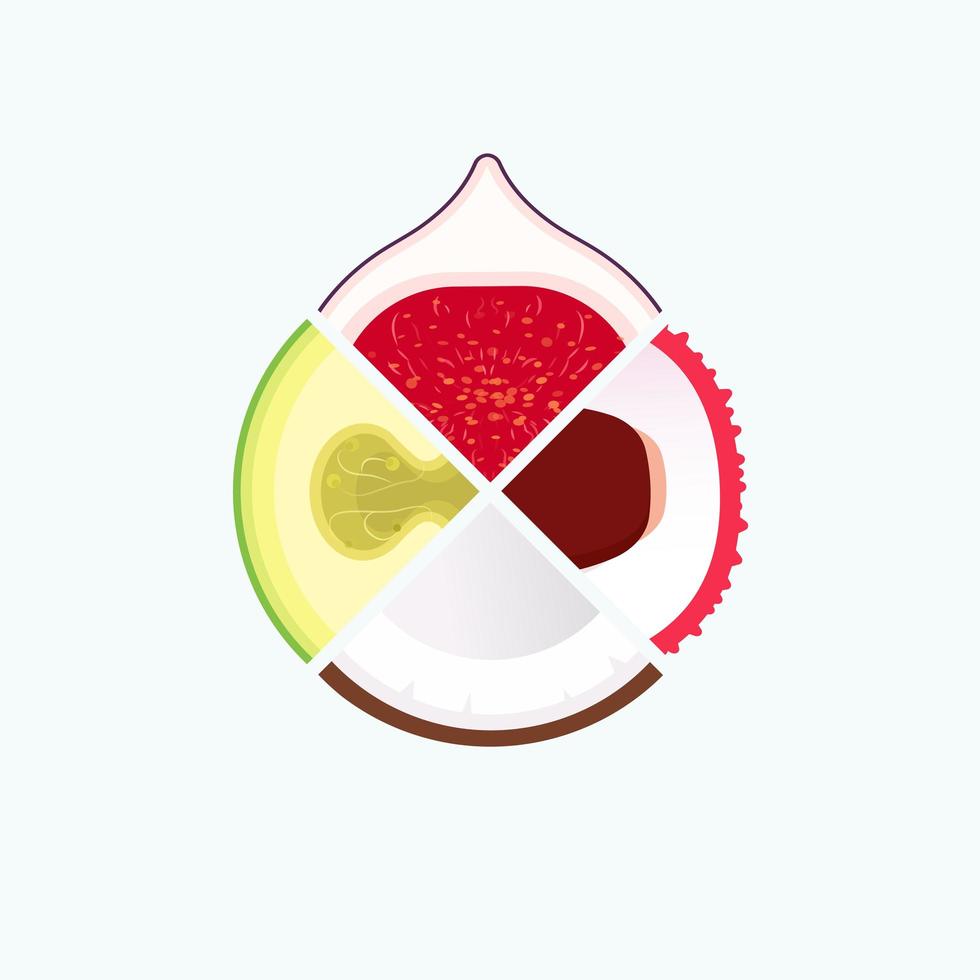 Tropical fruit organic food and juice, round logo. Slice of feijoa, lychee, coconut and figs. Summer and fresh vegetarian product emblem. Healthy vitamin diet, circle logotype design. Vector icon