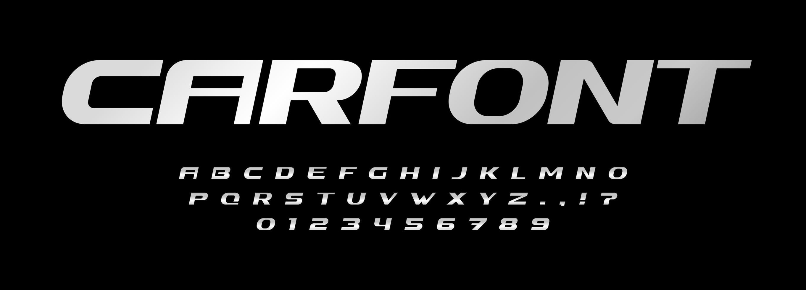 Car font alphabet letters. Automotive brand logo typography. Steel metallic typographic design. Bold wide italic letter set for speed logo, race, sport lettering, auto branding type. Vector typeset