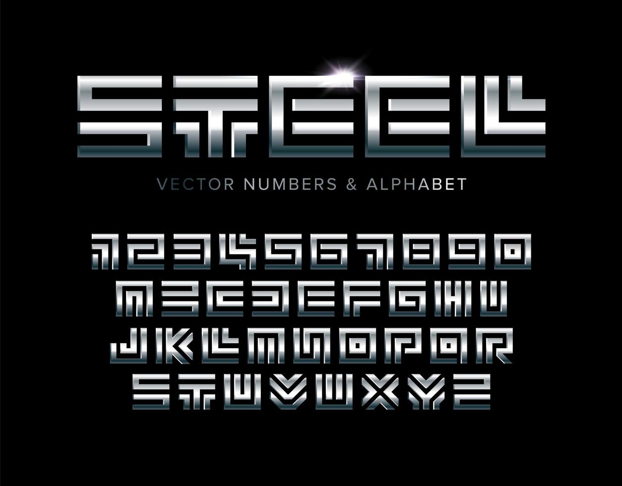 Steel letters and numbers set. Polished metal texture, square maze style vector latin alphabet. Font for events, promotions, logos, banner, monogram and poster. Typography design.