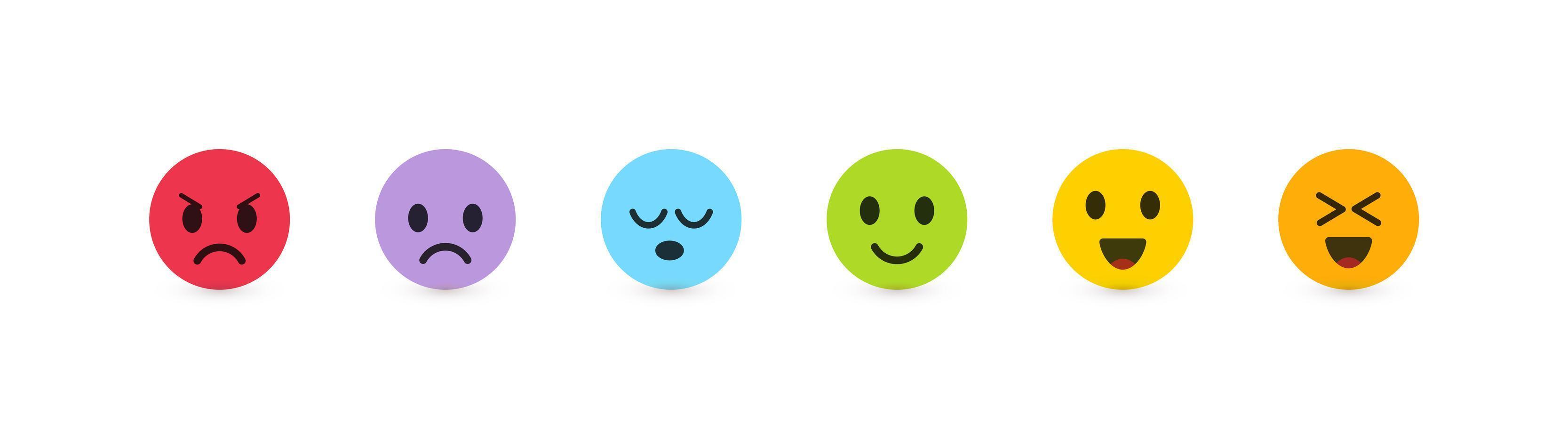 conjunto de emoticonos vectoriales con diferentes emociones. escala de retroalimentación, revisión del cliente y evaluación de la calidad de los bienes o servicios. Ilustración plana de vector colorido emoji redondo.