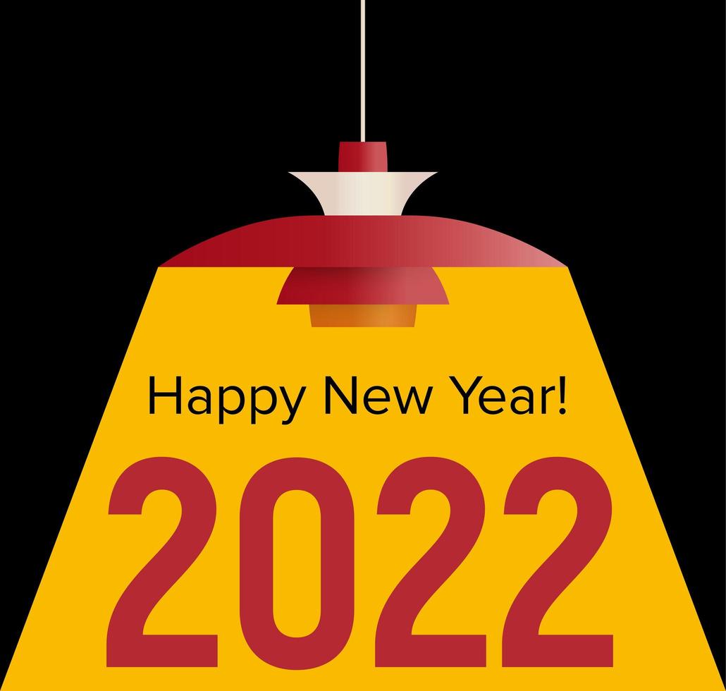Happy New Year 2022 text illuminated by yellow light of swedish lamp. Celebration and season decoration for xmas holidays branding, new year banner, 2022 calendar cover, greeting card and poster vector