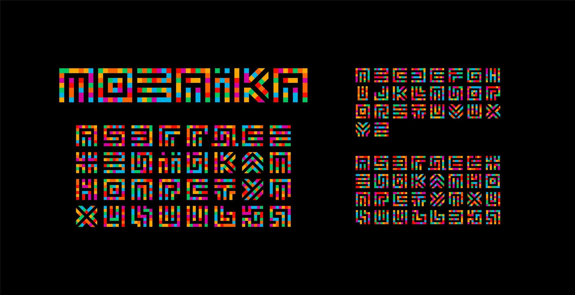 mosaico alfabeto ucraniano, inglés y ruso. diseño de tipografía de laberinto. vector de estilo de arte creativo letras latinas de cuadrados.