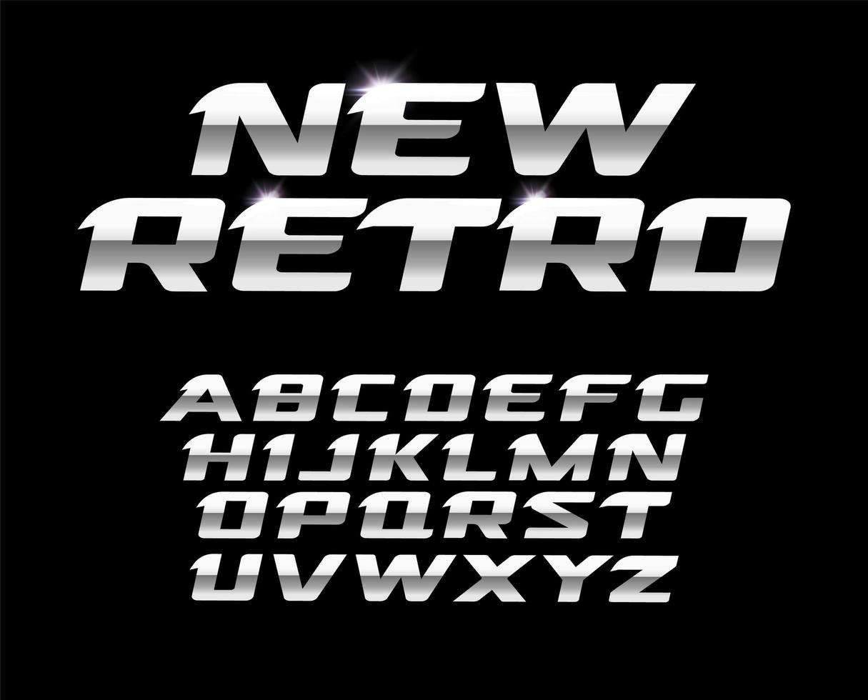 nuevo conjunto de letras retro. Textura de acero pulido, alfabeto latino vectorial de estilo metálico. fuentes para diseño futurista, logotipos modernos, pancartas, monogramas y carteles para marcas de automóviles. diseño de tipografía. vector