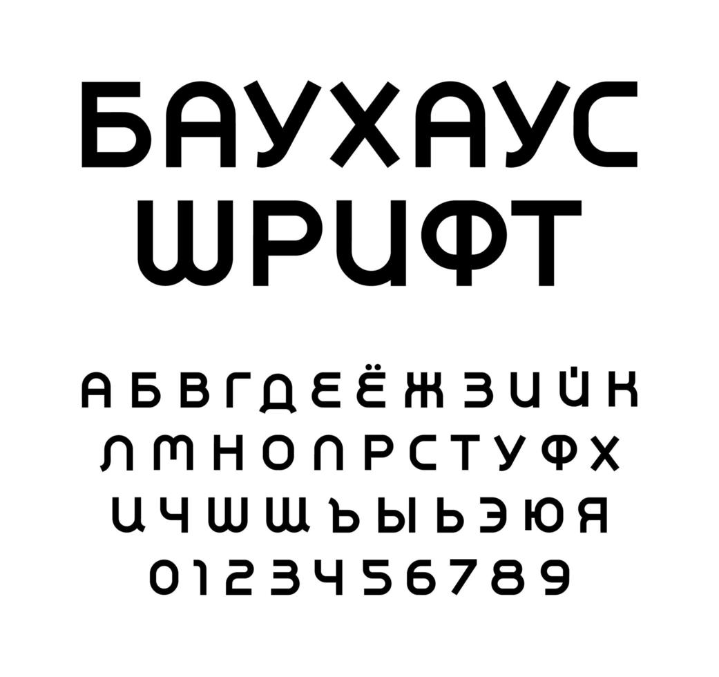 Conjunto de números y letras geométricas cirílicas. alfabeto latino del vector del estilo ruso o de la urss. fuente bauhaus para eventos, promociones, logotipos, pancartas, monogramas y carteles. diseño de tipografía.