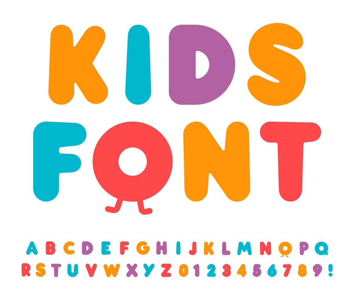 Kids letters and numbers set. Cartoon bold style alphabet. Childish font for events, promotions, logos, banner, monogram and poster. Vector typography design.