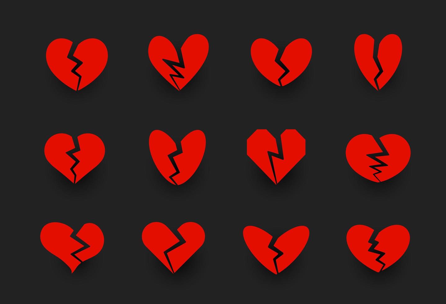 Colección de iconos de corazones rotos, crack del corazón, símbolo de unlove. divorcio, crisis de relación, signos de problemas familiares. iconos de vector rojo en fondo negro.