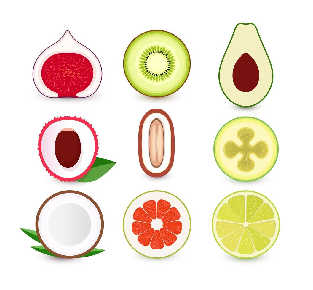 conjunto de iconos de frutas frescas. rodaja de frutas tropicales, colección de logotipos. emblemas aislados. vector
