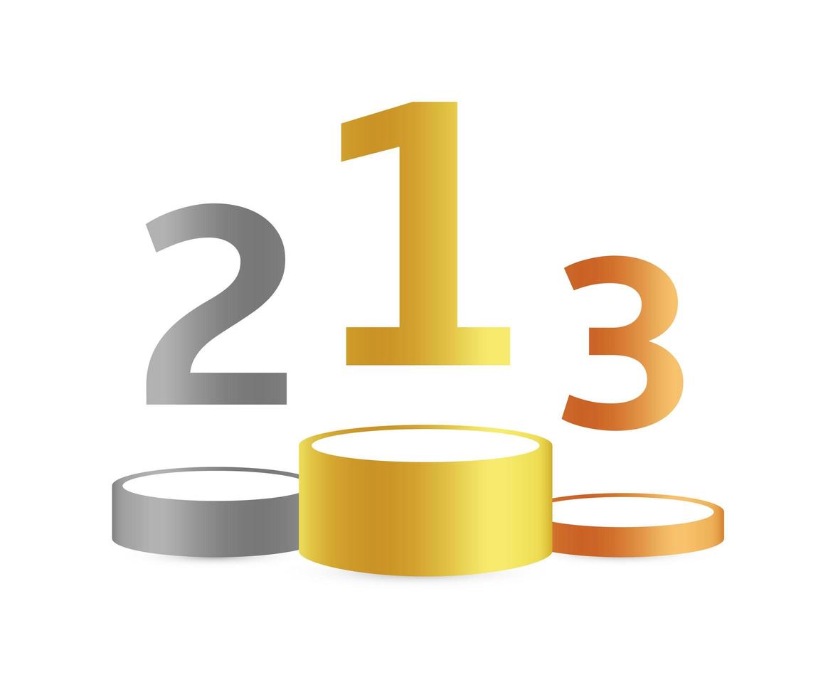 Three podiums for first, second and third place. Golden, silver and bronze pedestal or platform with number on top on white background. Vector illustration, simple symbol.