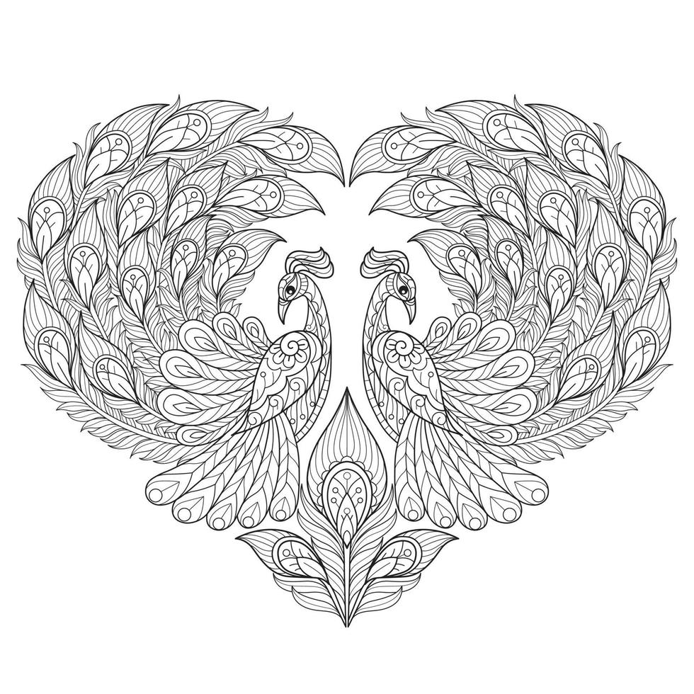 Peacock heart hand drawn for adult coloring book vector