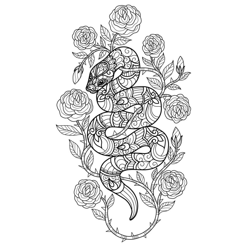 Snake and rose hand drawn for adult coloring book vector