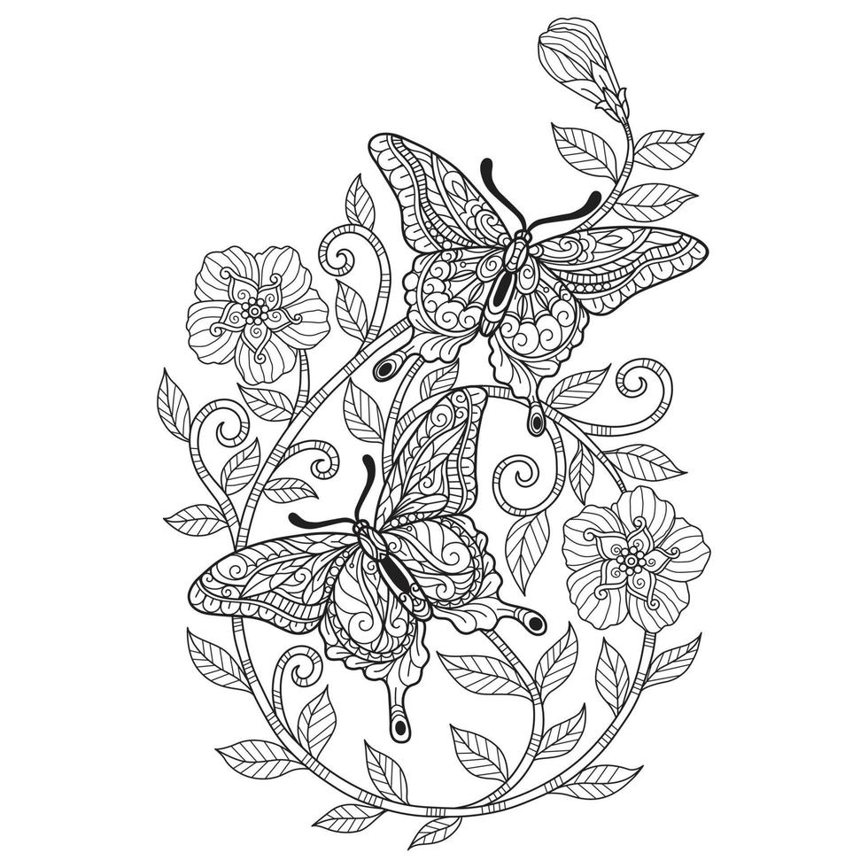 dos mariposas y flores dibujadas a mano para libro de colorear para adultos vector