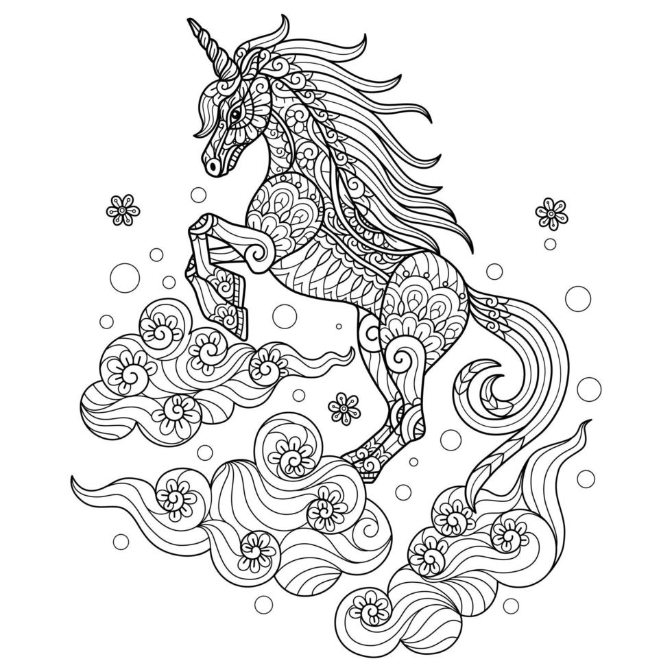 Unicorn horse and cloud hand drawn for adult coloring book vector