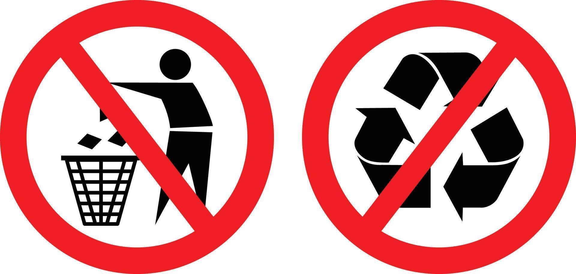 no tirar basura o tirar basura, no se permite el reciclaje conjunto de iconos signo vector