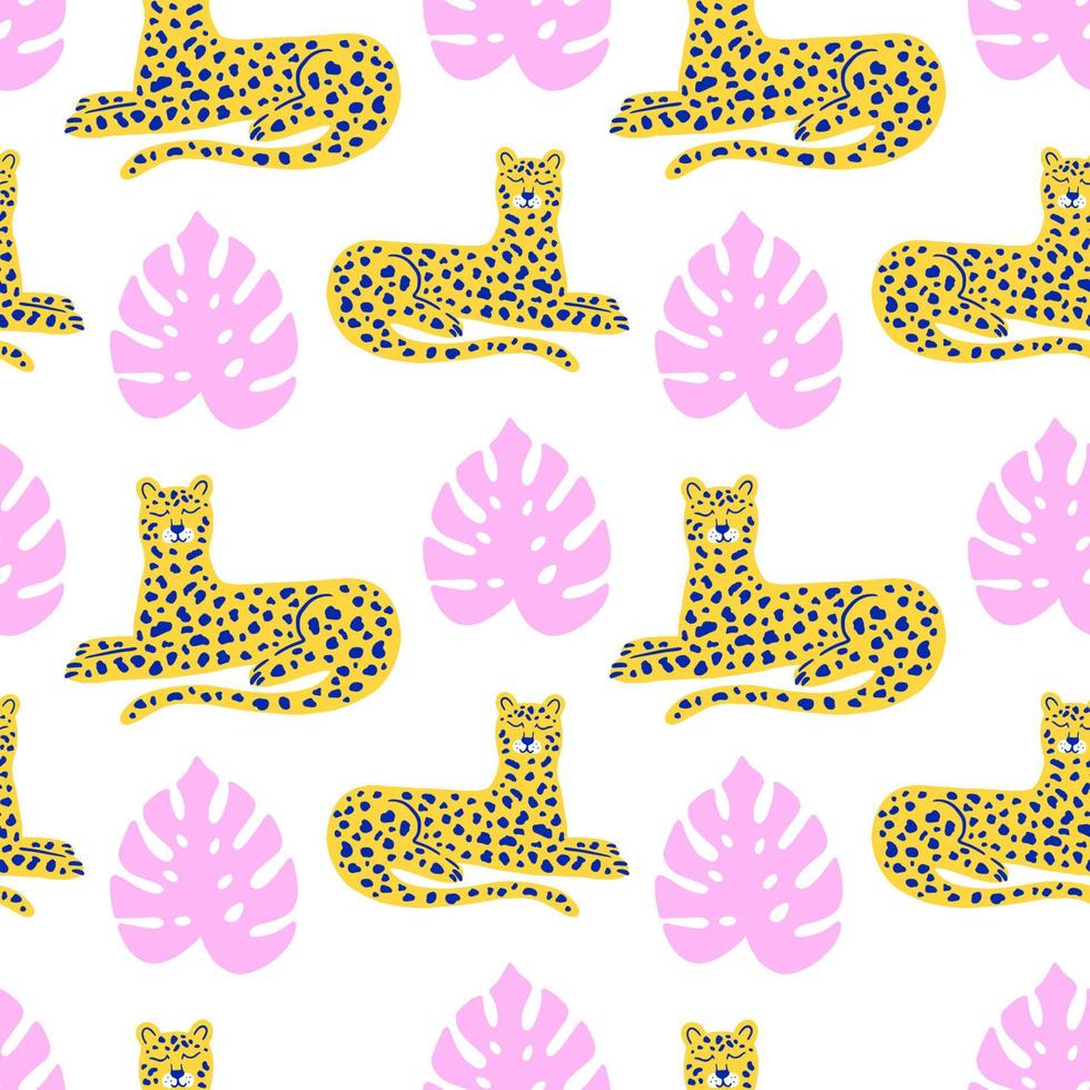 Vector leopard and tropical leaves animal pattern