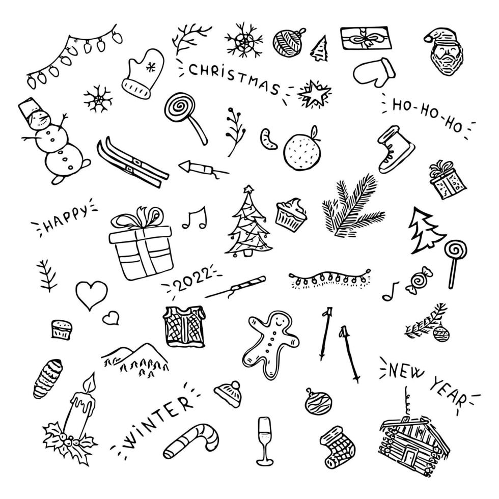 gran conjunto de iconos sobre el tema de Navidad y año nuevo. conjunto de iconos con bolas de Navidad, guirnaldas, corazones, muñeco de nieve, copos de nieve, dulces y caramelos, regalos, árbol de Navidad. vector