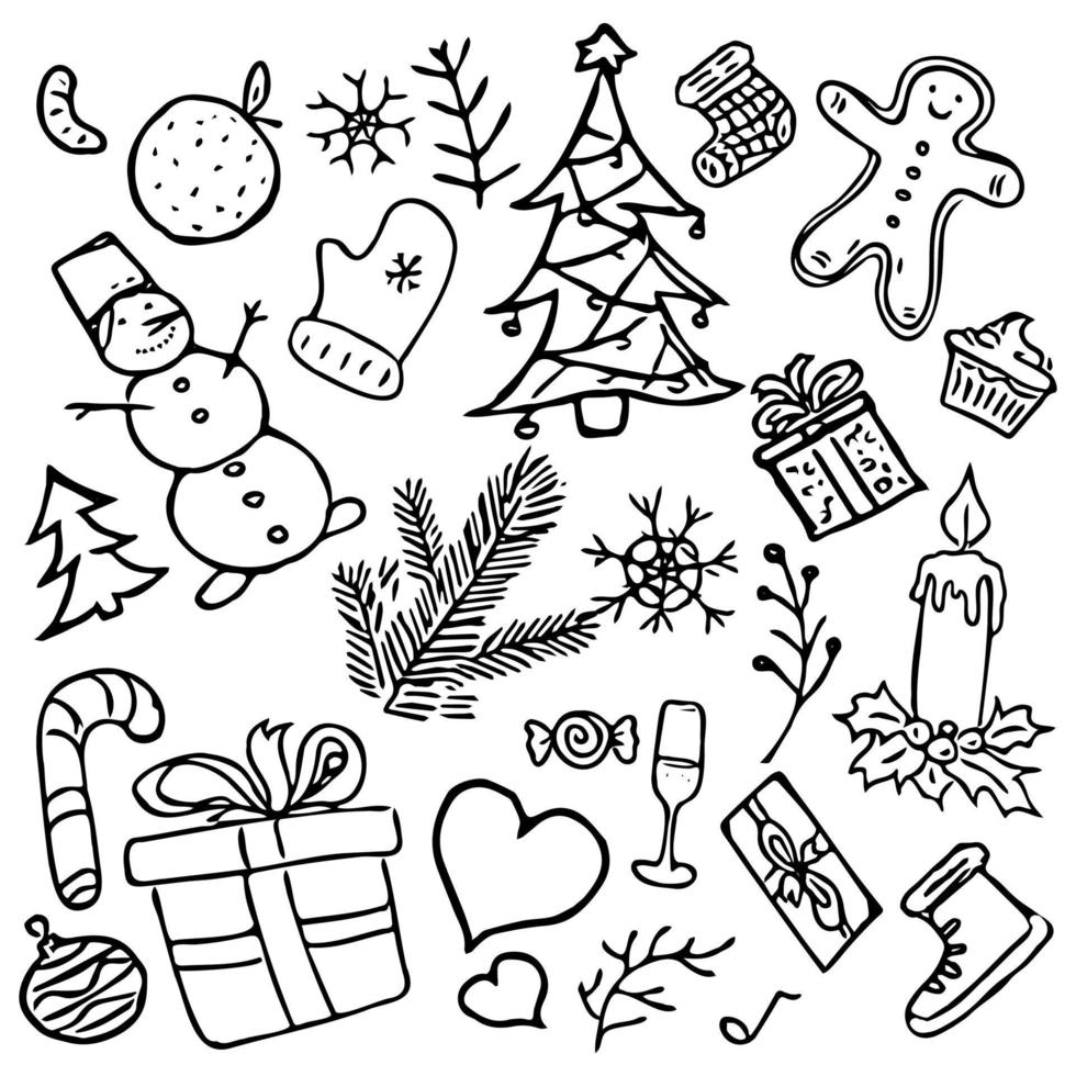 Big set of icons on the theme of Christmas and New Year. Set of icons with Christmas balls, garlands, hearts, snowman, snowflakes,  sweets and candies, gifts, Christmas tree. vector